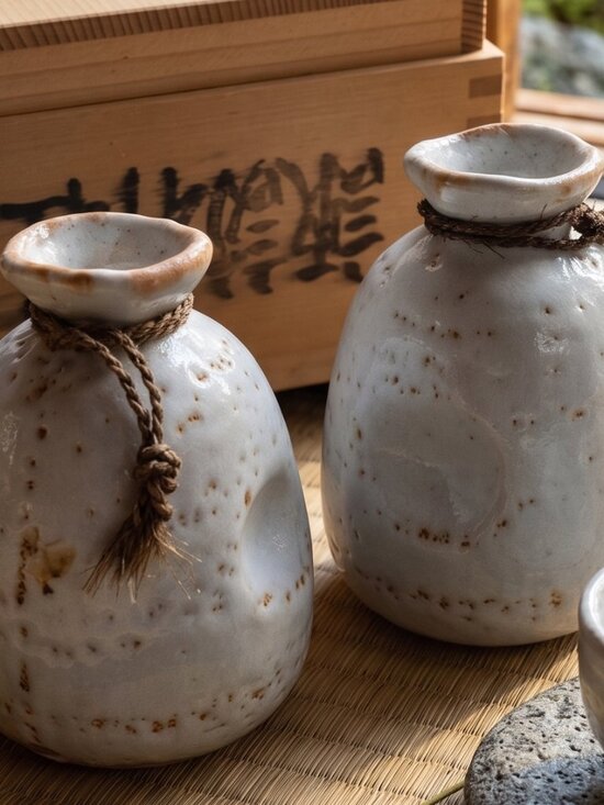 Vintage Other - Vintage Japanese Shigaraki Ware Bag-Shaped Sake Bottles Pair Wood Box not used